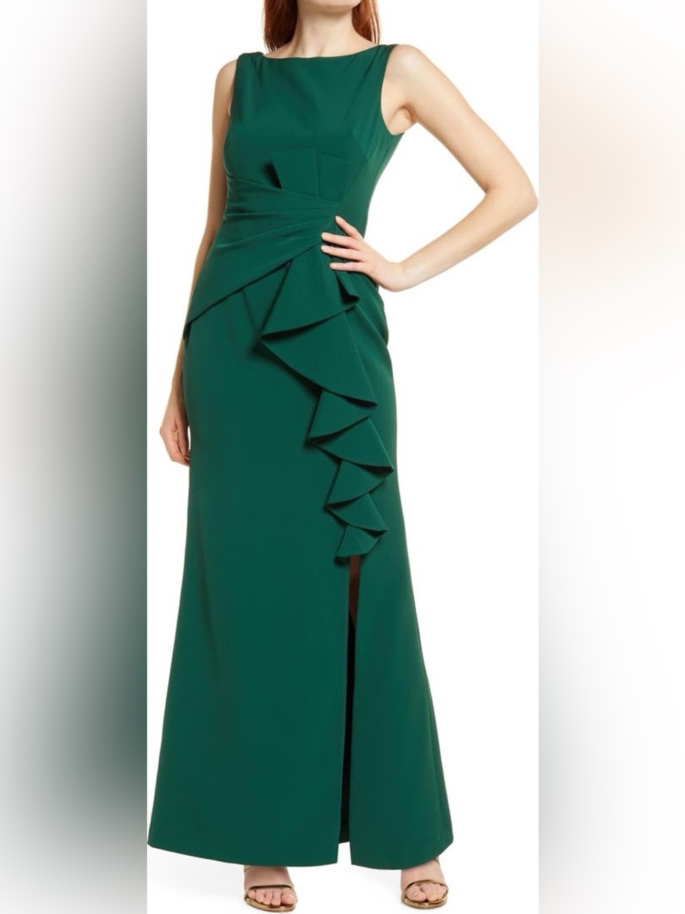 Eliza J Sleeveless Bow Tiered Ruffle Long Maxi Dress Emerald Green 10